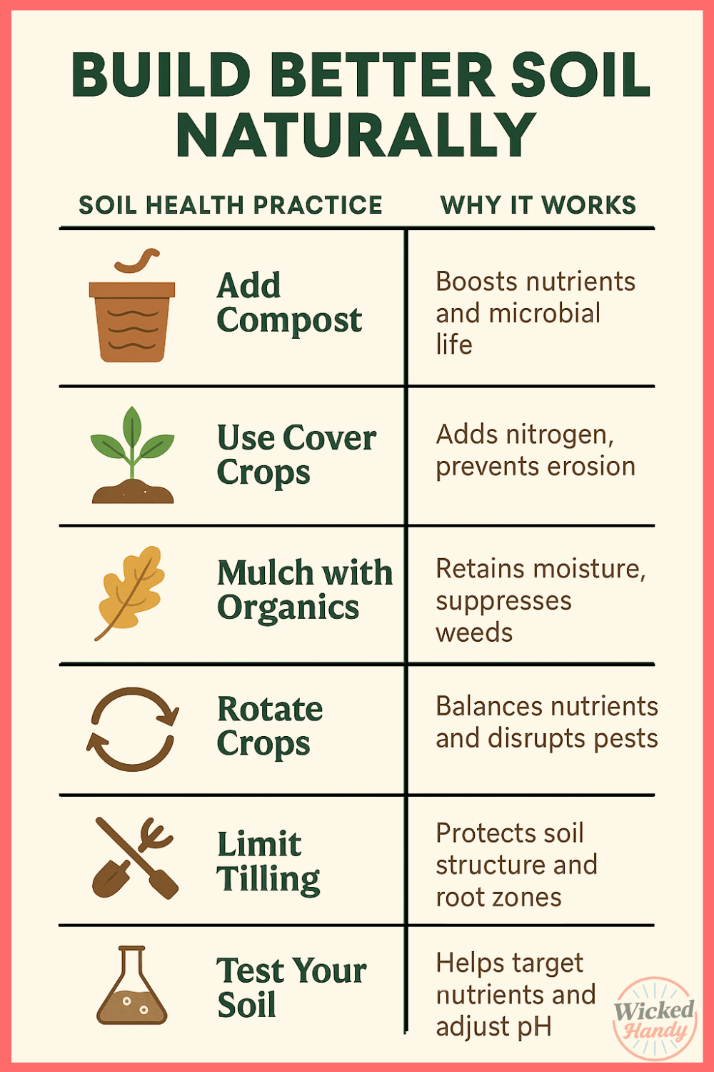 Infographic showing six natural ways to improve soil health, including composting, cover crops, mulching, crop rotation, minimal tilling, and soil testing, with icons and descriptions, created by Wicked Handy.