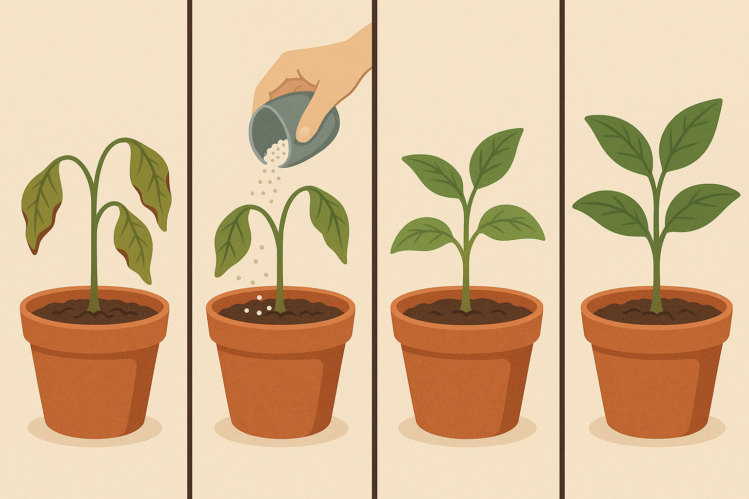 Illustration showing a potted plant recovering after fertilization, progressing from wilted to healthy in four stages.