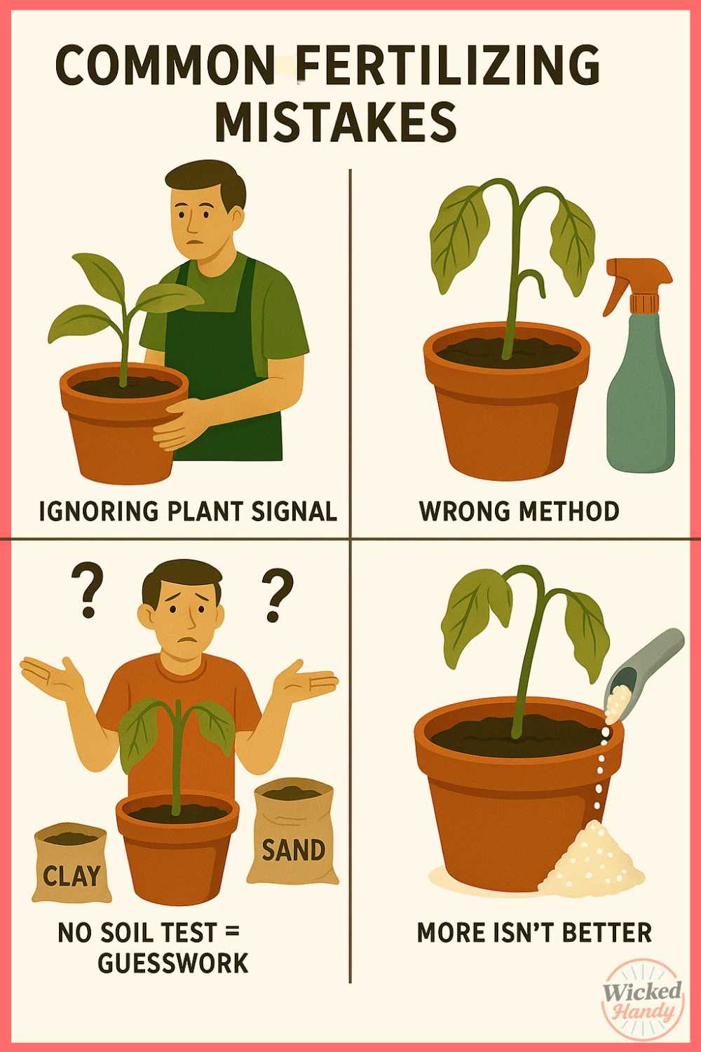 Four-panel infographic showing common fertilizer mistakes: ignoring plant signals, using the wrong method, applying fertilizer without a soil test, and overapplying fertilizer causing damage.