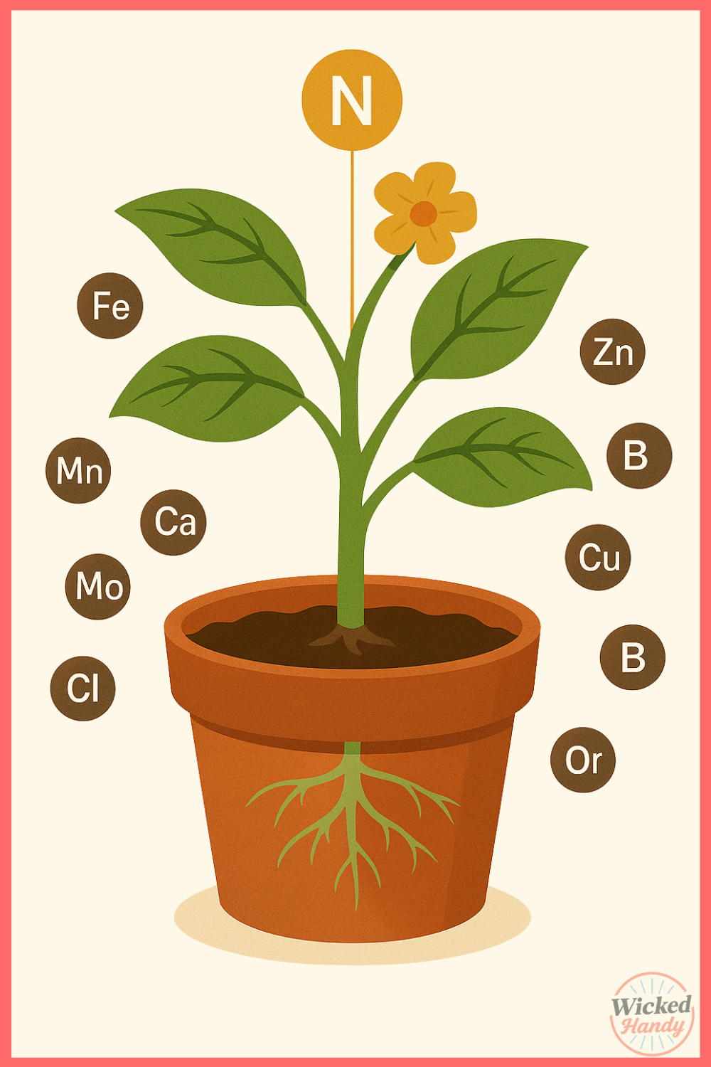 Flat-style illustration of a healthy potted plant showing key macronutrients (N, P, K) and micronutrients (Fe, Zn, Mn, Cu, Mo, B, Cl) connected to specific parts of the plant.