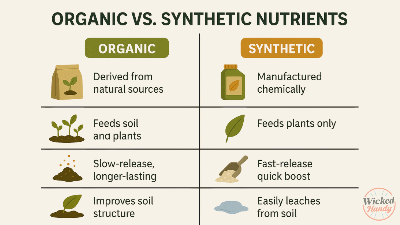 A side-by-side infographic comparing organic and synthetic nutrients, showing differences in source, effect on soil, release speed, and plant benefits using clear illustrations and labeled sections.