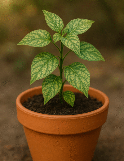 A plant in a terracotta pot with light green mottling and speckled patterns on its leaves, showing signs of manganese or zinc deficiency