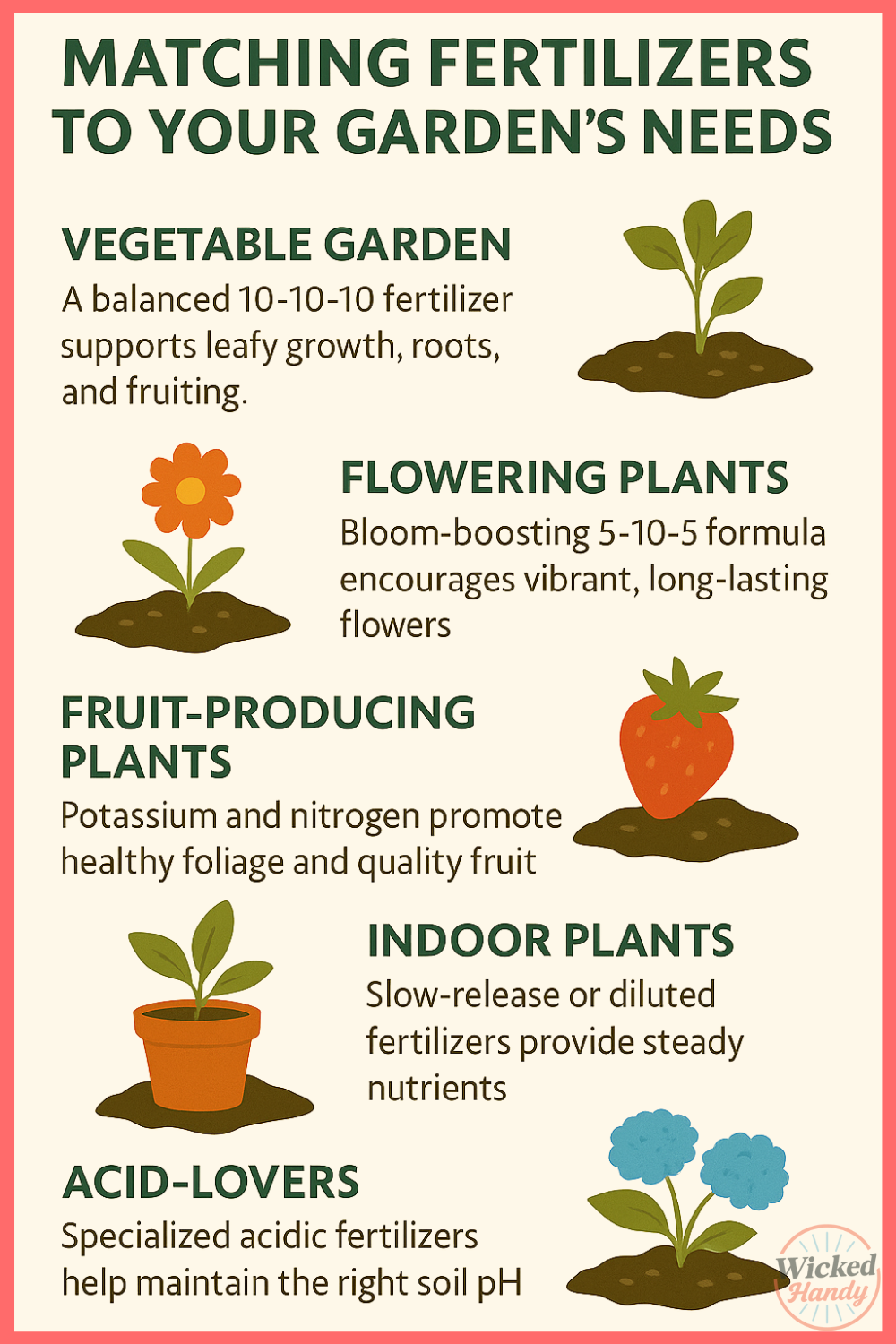A vertical infographic showing recommended fertilizers for different plant types, including vegetable gardens, flowering plants, fruit-producing plants, indoor plants, and acid-loving plants, with clear icons and brief descriptions on a soft beige background.