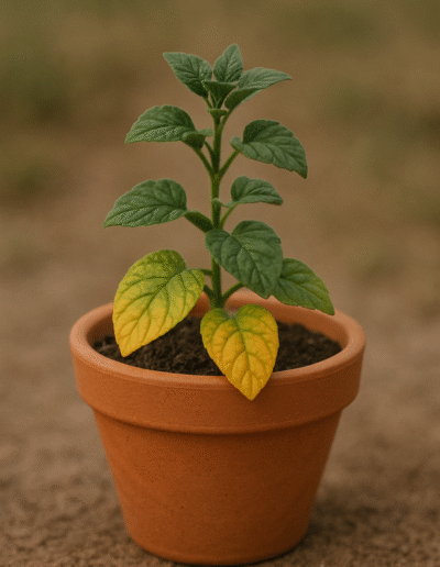 A potted plant with yellowing lower leaves while upper leaves remain green, showing signs of nitrogen deficiency