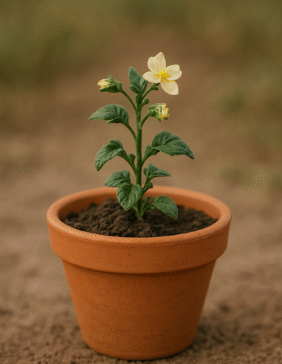 A potted plant with sparse, weak flowers and no visible fruit, showing signs of nutrient deficiency affecting flowering and fruit set