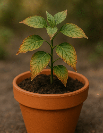 A plant in a terracotta pot showing signs of potassium deficiency, with leaves that have brown, scorched-looking edges