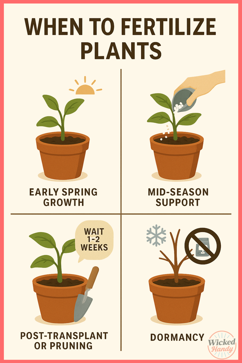 A four-panel illustration showing when to fertilize plants: early spring growth, mid-season flowering, after transplant or pruning, and avoiding fertilizer during dormancy